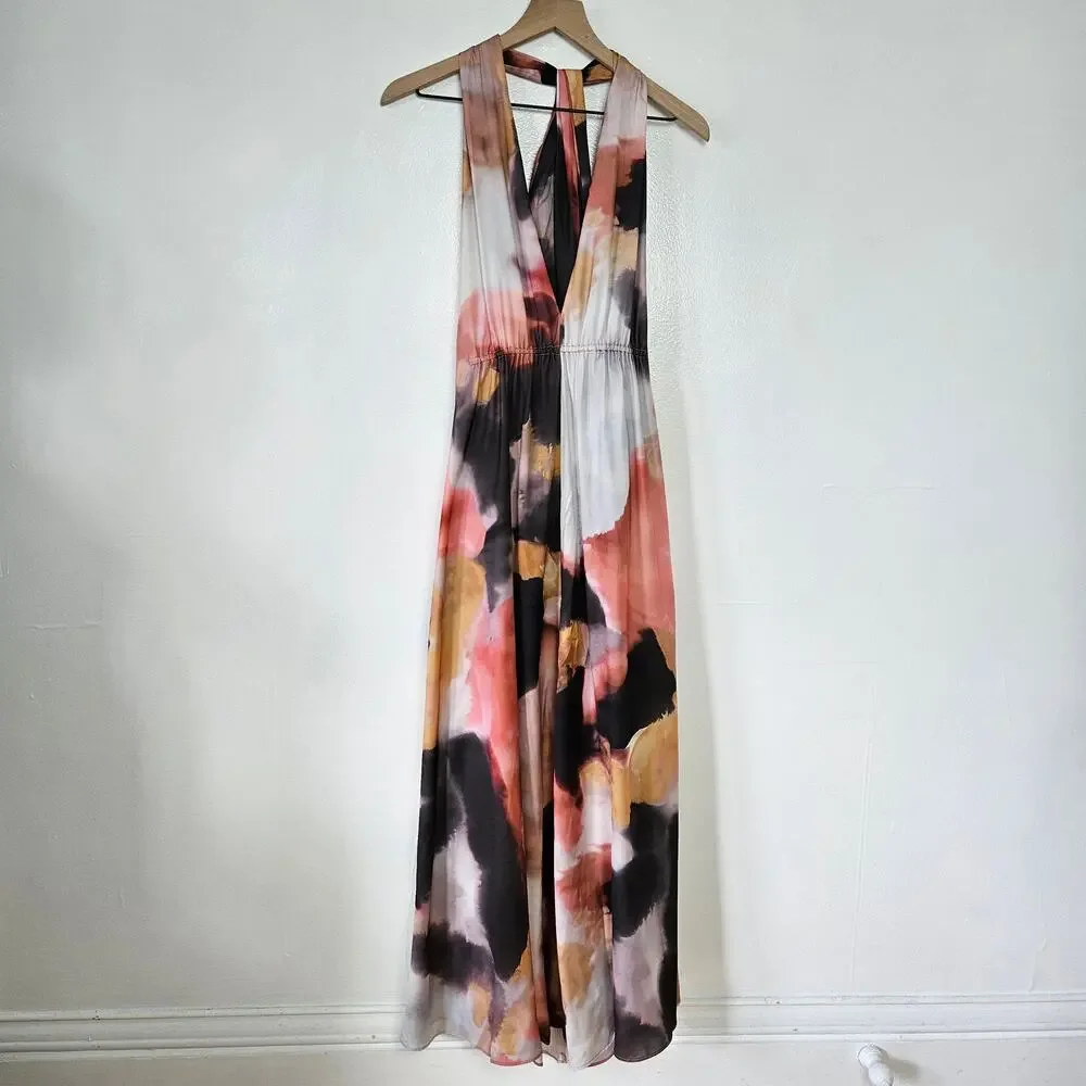 NEW Edition Asos Watercolor Print Satin Halter Maxi‎ Dress 4 Pink Black Tan NWT